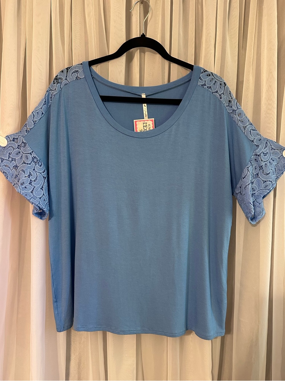 Blue Lace Sleeve Stretchy Oversized Short Sleeve Top Size 1X